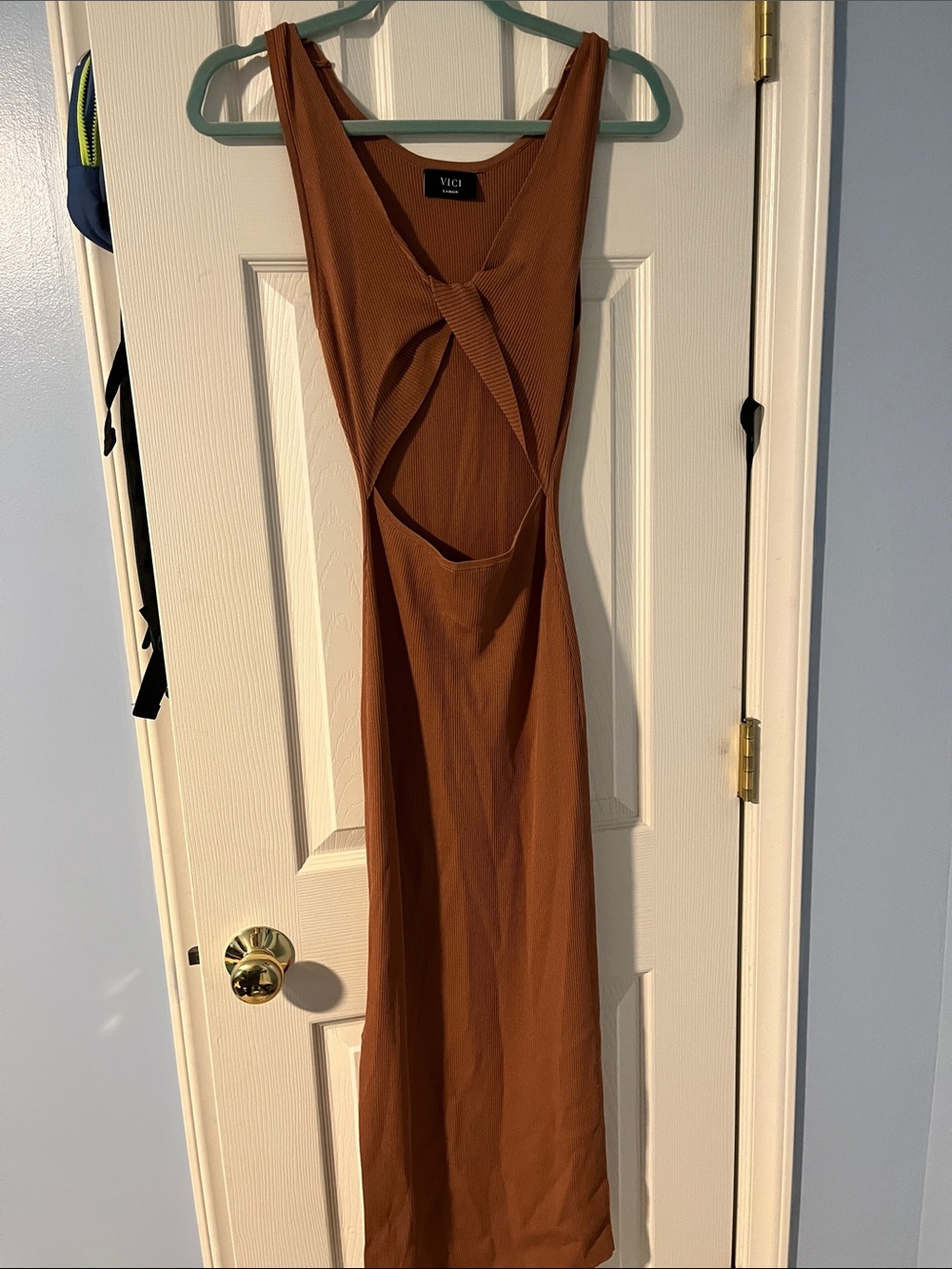 VICI Twisted Front Cutout Midi Dress in Rust Brown